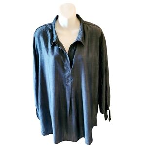 Liz Claiborne Denim Blue Lyocell Pop Over 1/4 Button Blouse Plus Size XXL